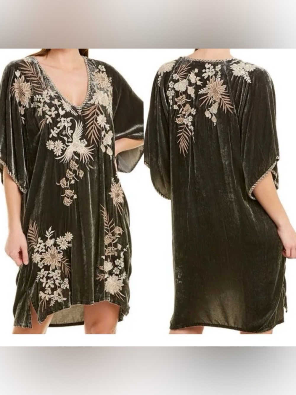 Johnny Was Maree Effortless Kaftan Velvet Silk Tunic Dress-Size XL-Dark Gray